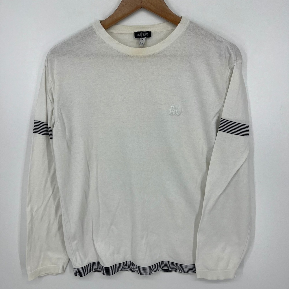 Armani Jeans Mens White Knit Crew Neck Sweater Striped Trim AJ Logo Size S
